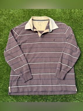 Nautica brown striped long sleeve polo shirt rugby large